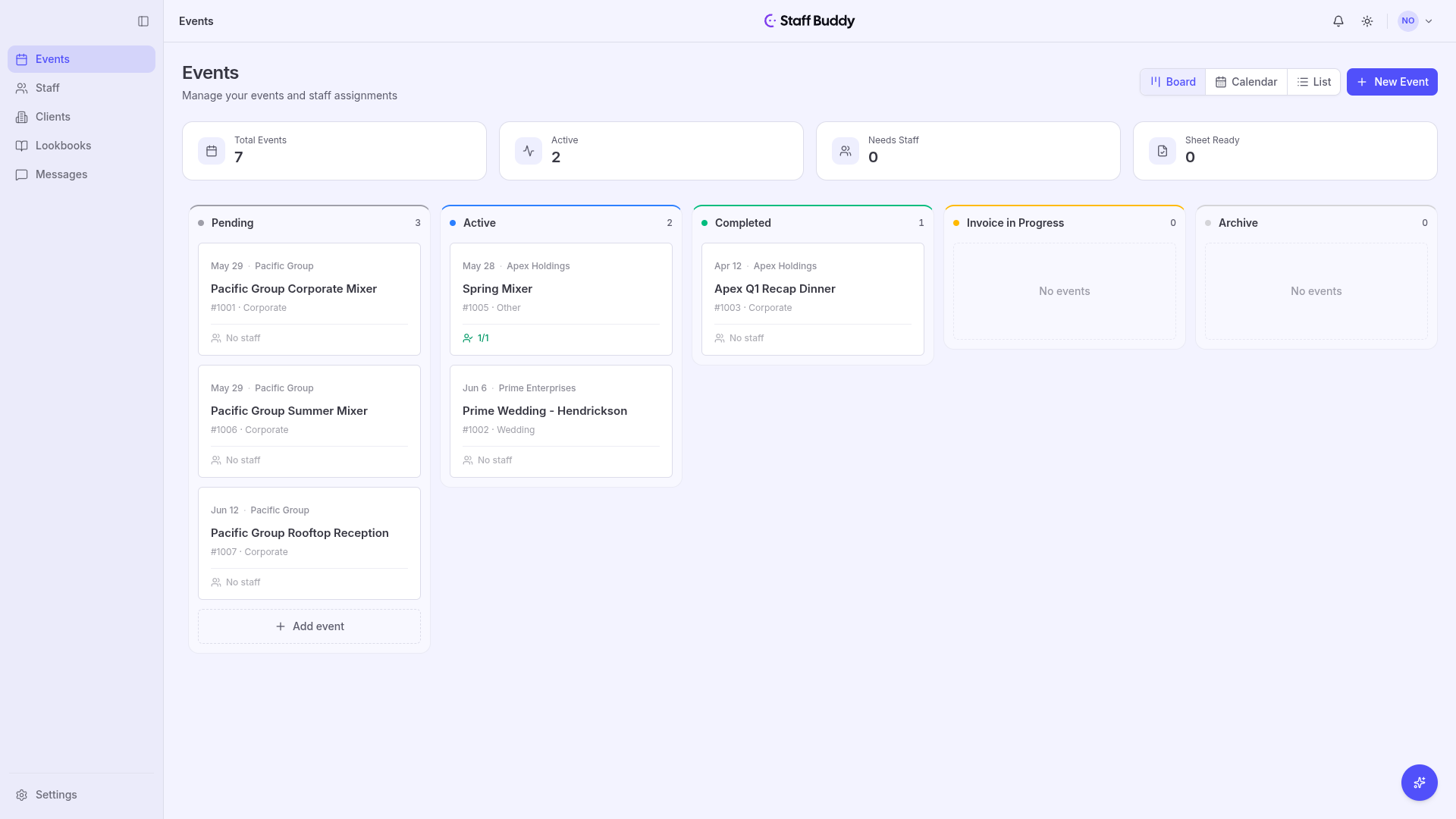Staff Buddy events kanban board